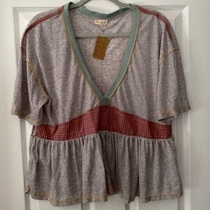 [Hem & Thread] NWT Peplum Exposed Seam and Gingham Boho Top LARGE